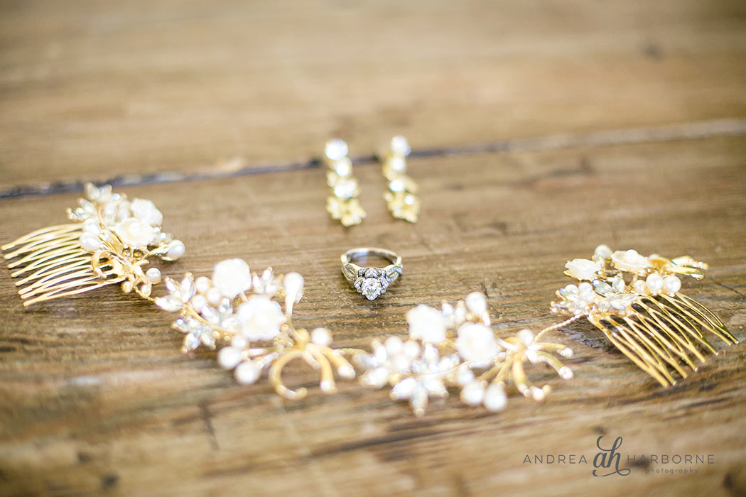 Vintage jewelry and hair accessories on wedding day detailed photograph of wedding jewelry
