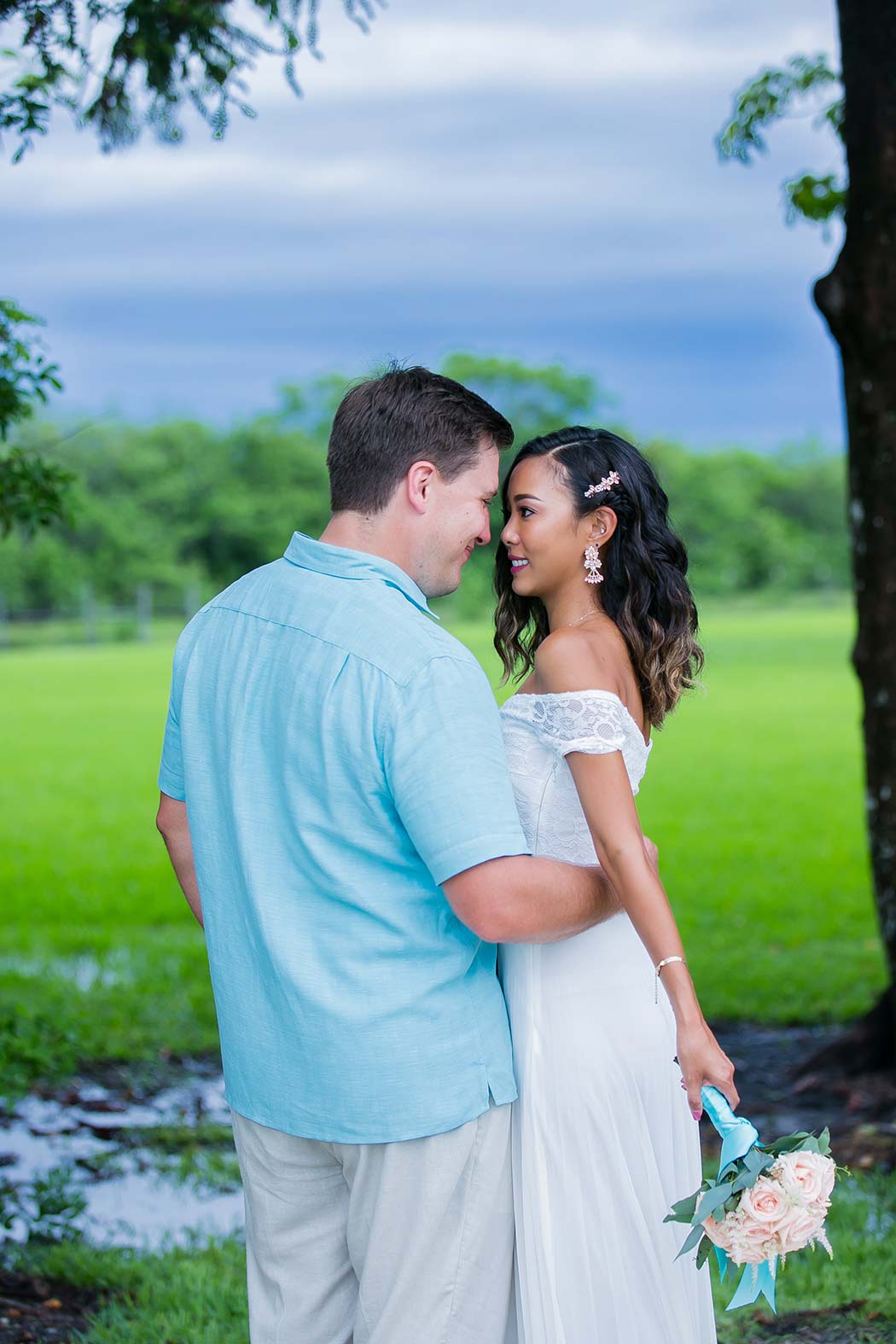 bride and groom during storm