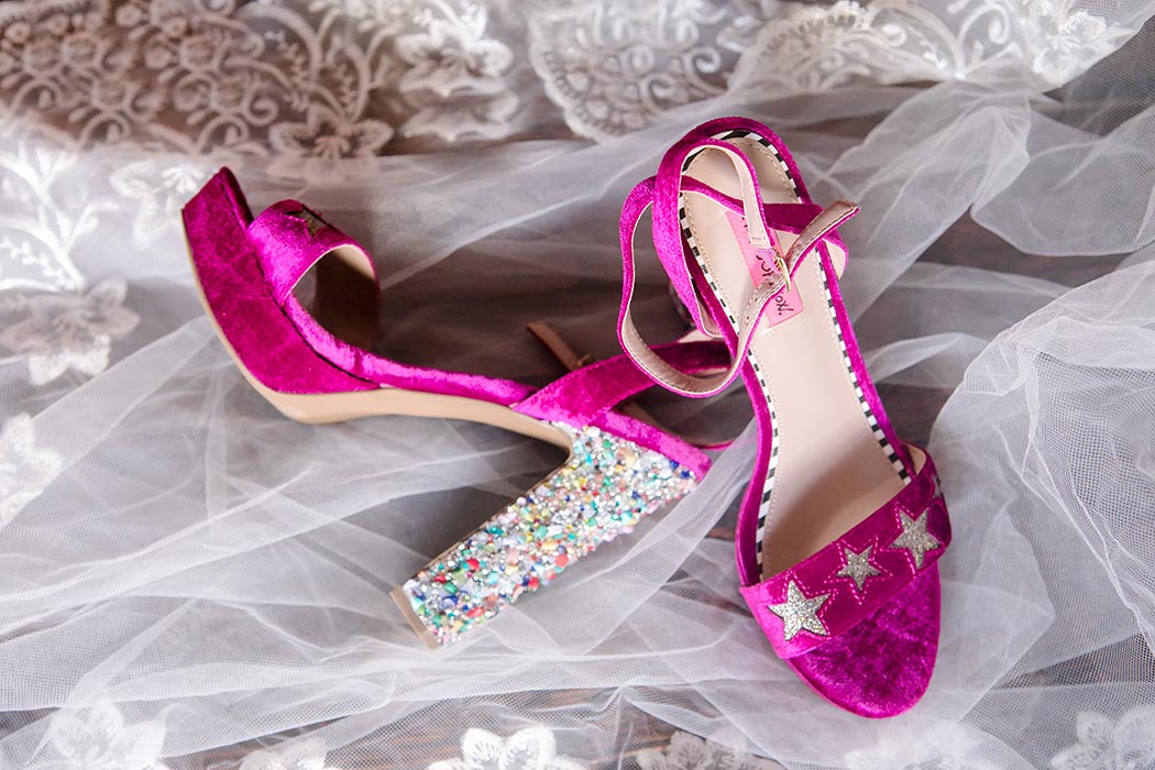 unique pink bridal shoes with large heel and multi-colored glitter