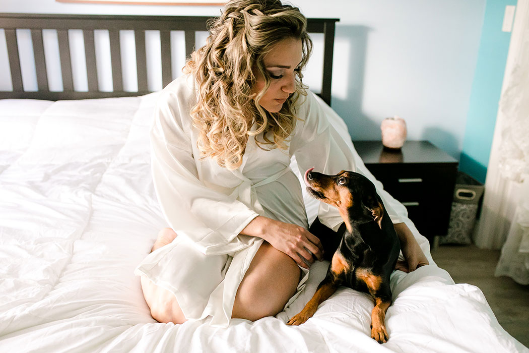 bride and her dog before her wedding