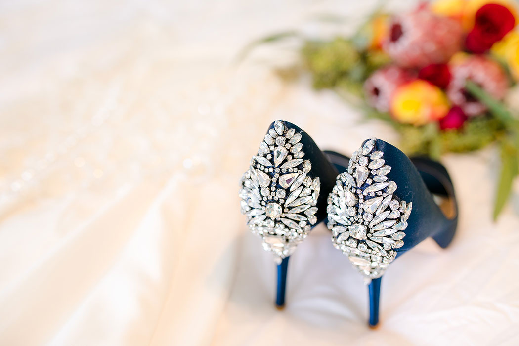 bridal shoes with bouquet and wedding dress detail shots | living sculpture sanctuary davie