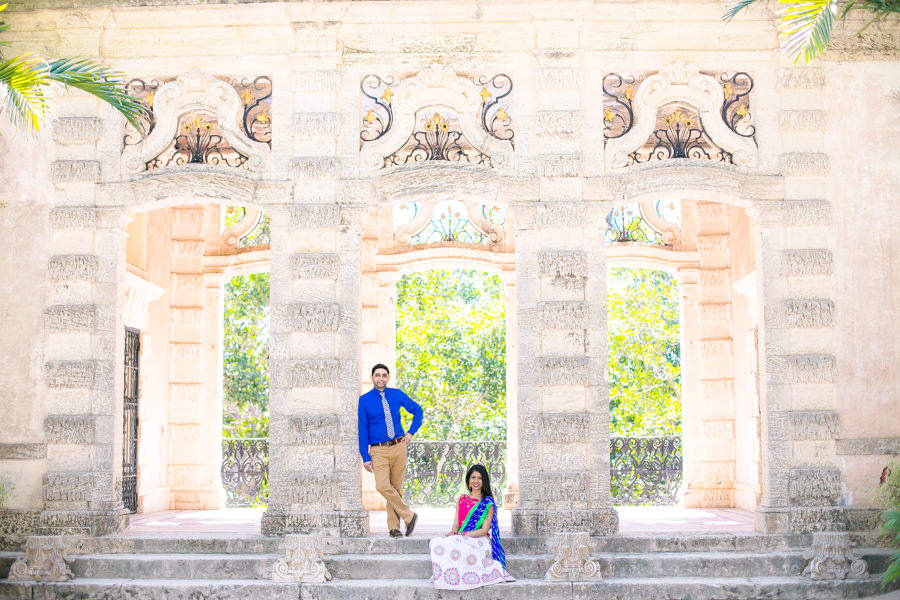 modern indian couple pose during indian engagement photoshoot at vizcaya museum