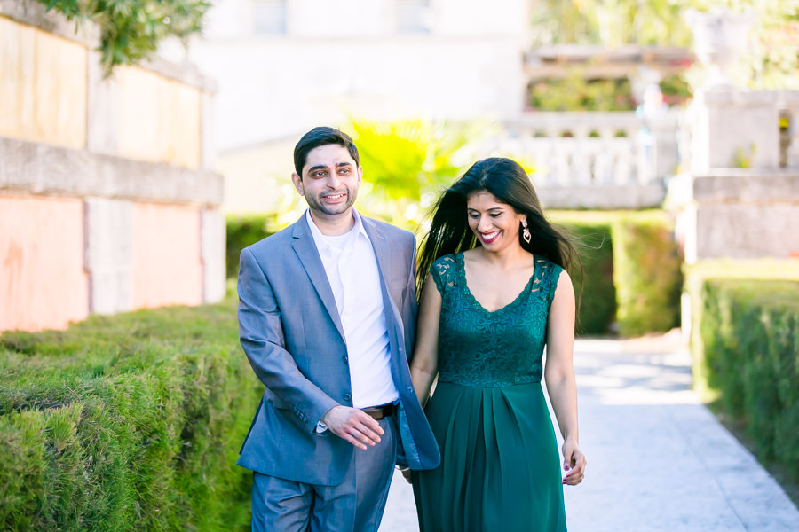 modern indian couple get engaged in vizcaya museum | long green dress