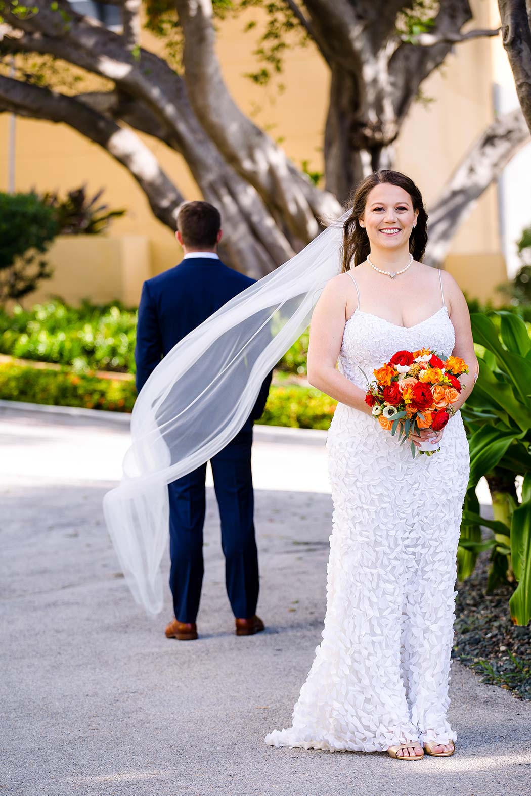 modern jewish wedding first look with bride and groom in a park