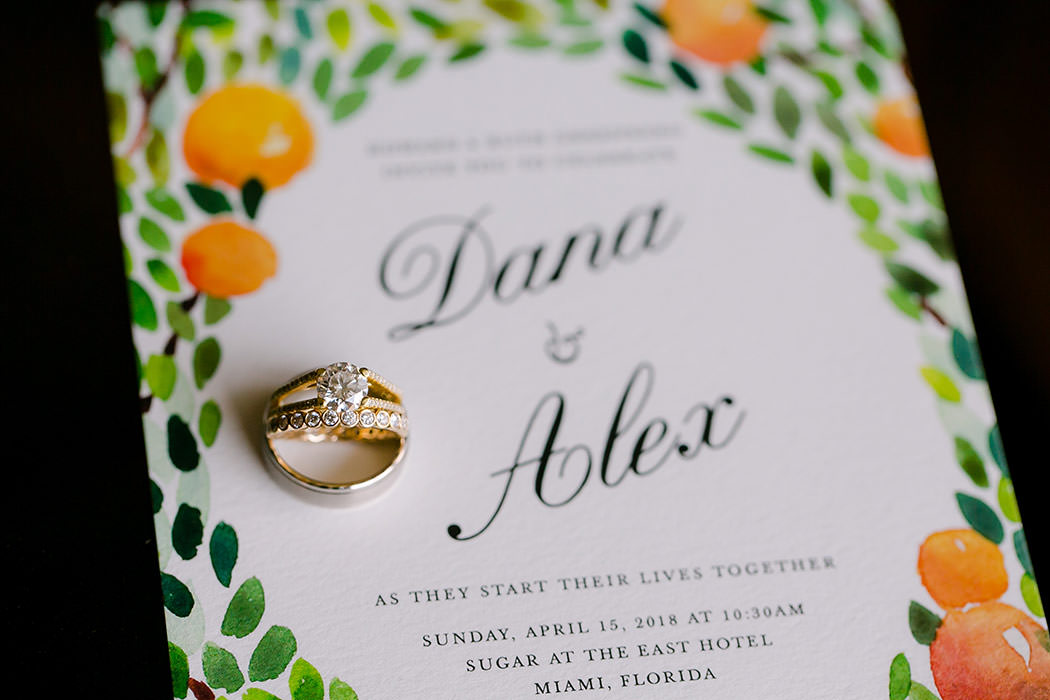 modern jewish wedding invite in south florida with wedding rings