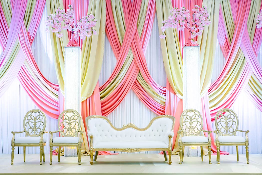 Indian Wedding Stage Decoration Pictures | Reception Stage Decor | Decorator Pink And Gold Indian Stage Design