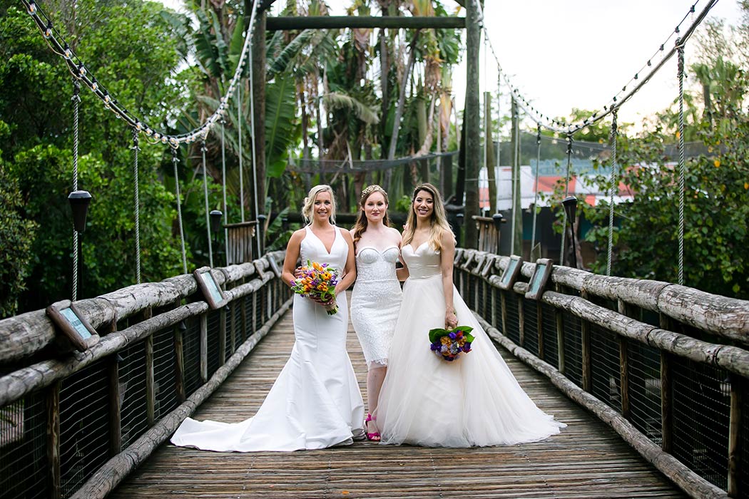 three brides posing on wooden bridge in palm beach zoo during wedding styled photoshoot