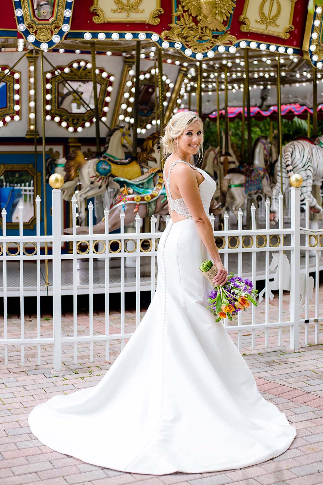 modern long ivory wedding dress with silver sleeve detail | palm beach zoo wedding