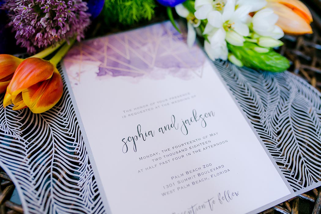 modern silver and purple wedding invites