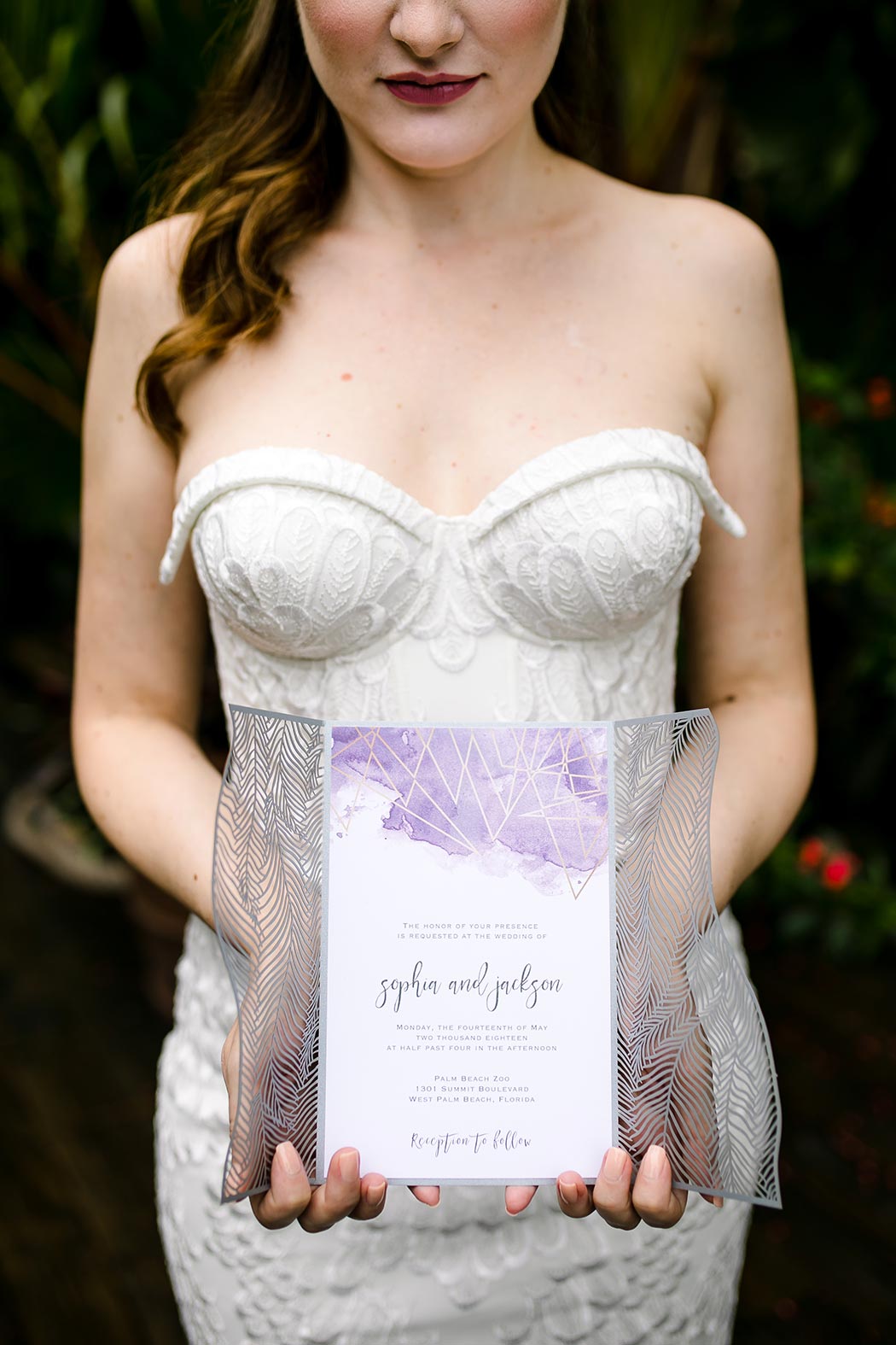 modern wedding stationery in purple and grey