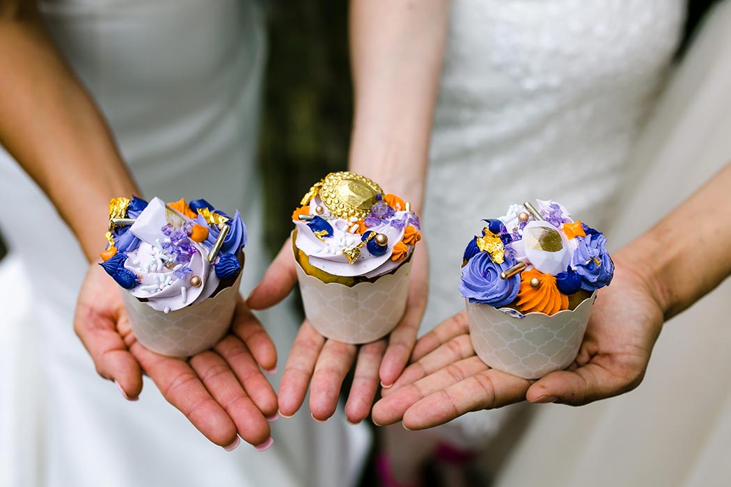 unique wedding cup cakes with purple, orange and gold detail | modern styled wedding palm beach zoo
