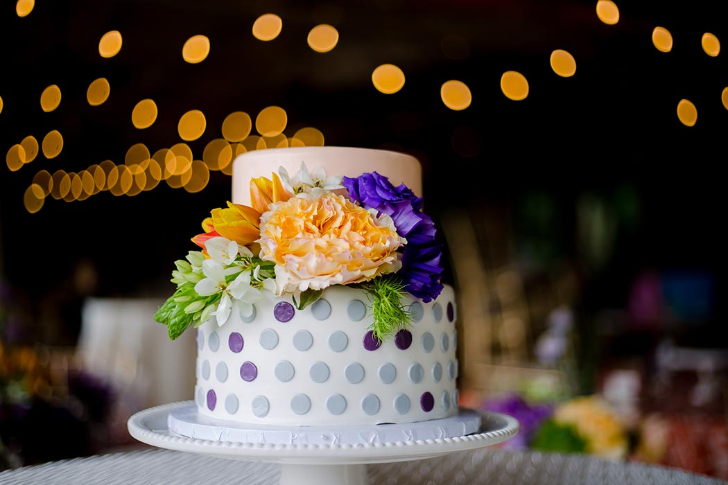 two tier wedding cake with polka dots and orange and purple flowers | palm beach zoo modern styled wedding photoshoot