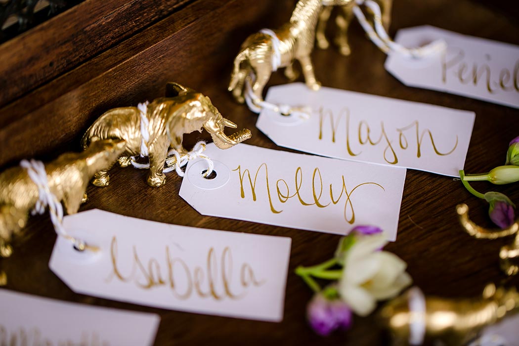 cute gold animal wedding name card holders for styled wedding shoot at palm beach zoo