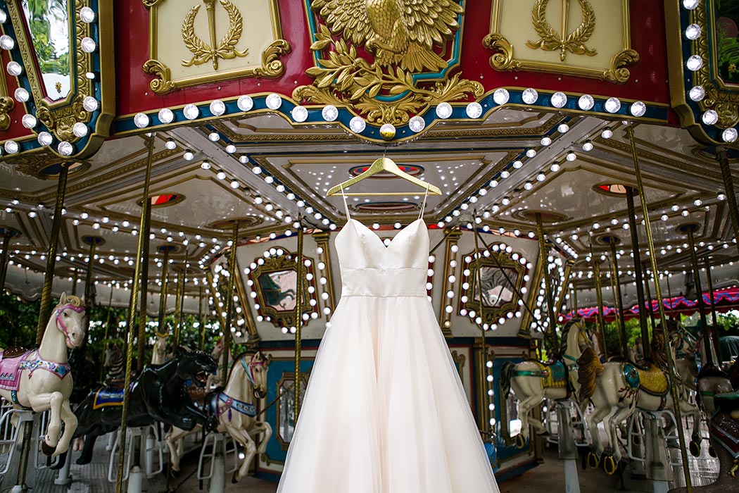 unique way to photograph wedding dress hanging on fairground carousel at Palm Beach Zoo