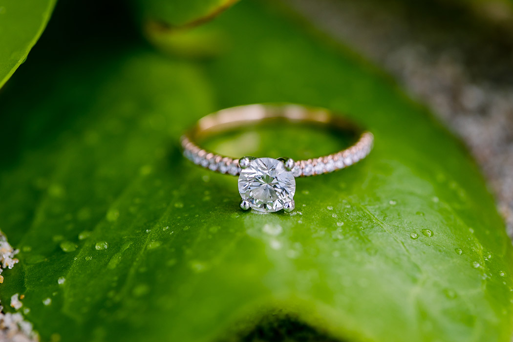 rose gold and diamond engagement ring detail photo on green leaf | engagement ring photo on the beach